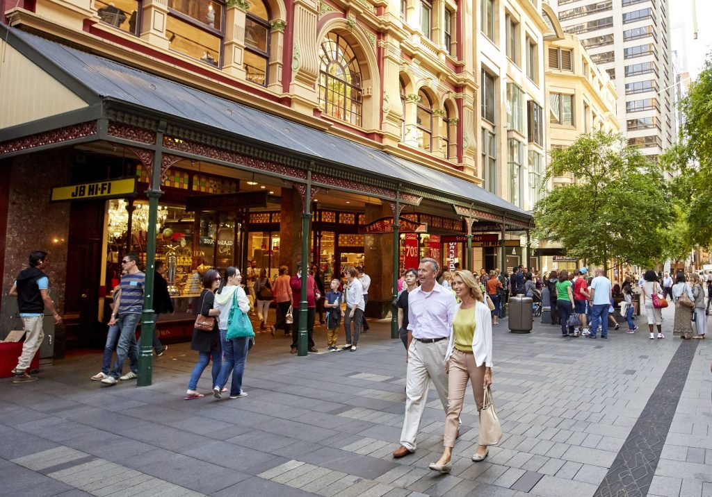 Couple shopping in Sydney's Pitt Street mall.