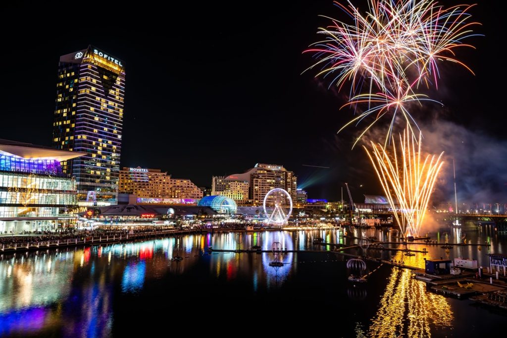 Fireworks display in Darling Harbour during Vivid Sydney